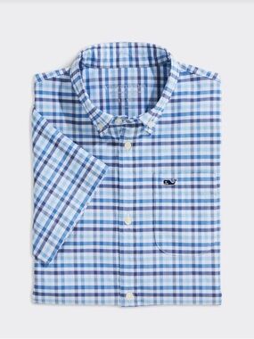 Vineyard Vine Boys Road Town Tattersall Performance Cotton Short-Sleeve Shirt L